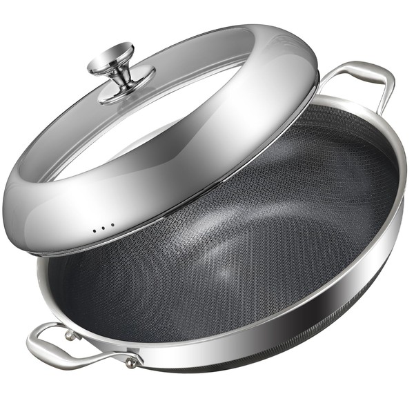DELARLO Tri-Ply Stainless Steel Wok Pan With Lid 14 Inch