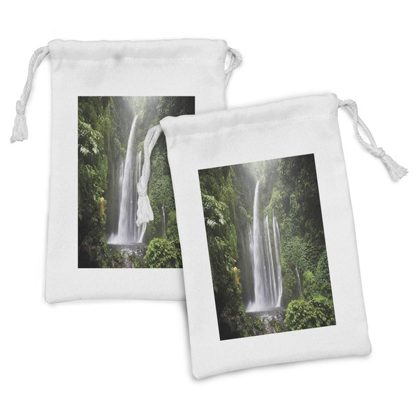 Lunarable Waterfall Fabric Pouch Set of 2, Exotic Rainforest in