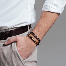 Raicegs Bracelets for Men Birthday Gifts; Initial Bracelet for Men Stainless Steel Bracelets Black Obsidian Tigers Eye Hematite Beaded Bracelets Mens Letter Bracelet 7.9 "Cuban Link Chain Bracelet Set