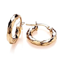 9ct Yellow Gold on Silver Diamond Cut Twist Hoop Creole Earrings - 16mm Diameter