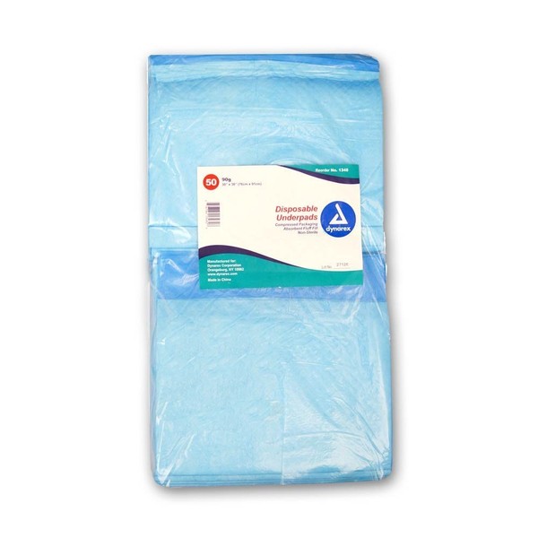 Dynarex Disposable Underpads, with Polymer, Medical-Grade Incontinence Bed Pads to Protect Sheets, Mattresses, and Furniture, 30”x36” (90g), 1 Box of 50 Disposable Underpads