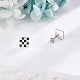 URONE Checkered Earrings 925 Sterling Silver Black and White Checkered Stud Earrings Checkered Jewelry for Women