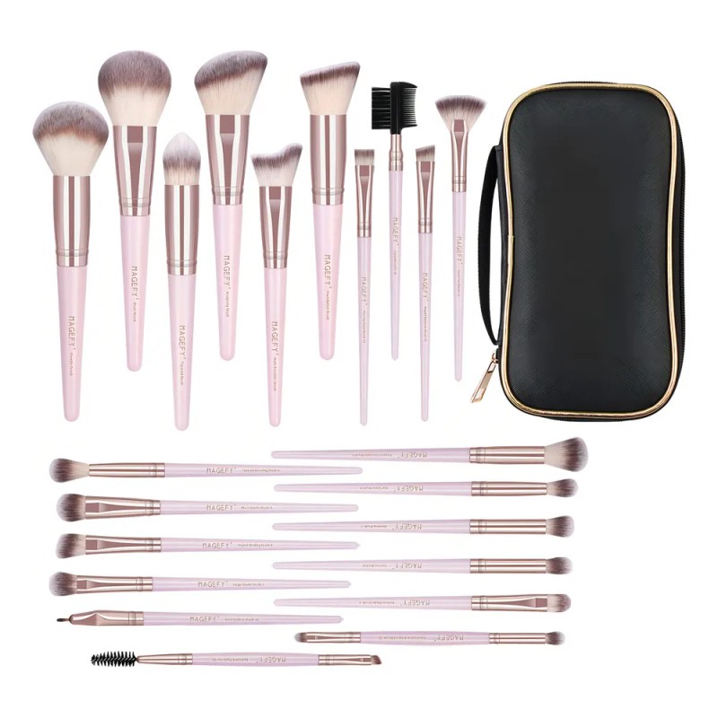 Set 22 Brochas De Maquillaje Profesional Con Cosmetiqueras Color Rosa