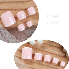 MERVF Press on Toenails for Women White French Tip Acrylic DIY Fake Toe Nails Supplies Classic Design Summer Glossy 24pcs