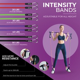 Pilates Bar Kit with Resistance Bands (20, 30, 40, 50 LB) – Adjustable Pilates Bar Kit for Women – Full Body Home Workout Kit with 8 Week Video Plan – Portable & Multifunctional Design