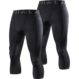 LAFROI Men's 2-Pack Compression Fit 3/4 Tights Leggings with Pcoket/Non-Pocket-YSK10 Pocket Black Size 3XL