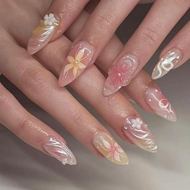 30 Pcs Flower Press on Nails Medium Almond Fake Nails Full Cover Nude Pink False Nail with Pearl Design Gradient Glue on Nails Glossy Artificial Acrylic Nail Stiletto Nail Tips for Women
