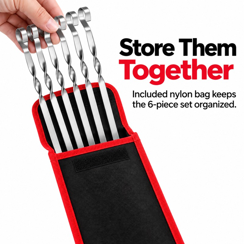 6-Piece Stainless Steel BBQ Skewer Set for Grilling – Flat