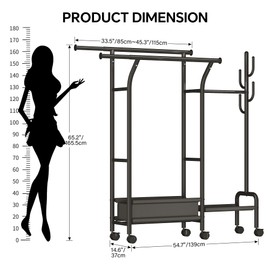 Homeiju Heavy Duty Clothes Rack Load 500LBS, Three Rods Clothing Racks for Hanging Clothes Extendable, Rolling Garment Rack with Sturdy Wheels, Basket, Storage Shelves, Black