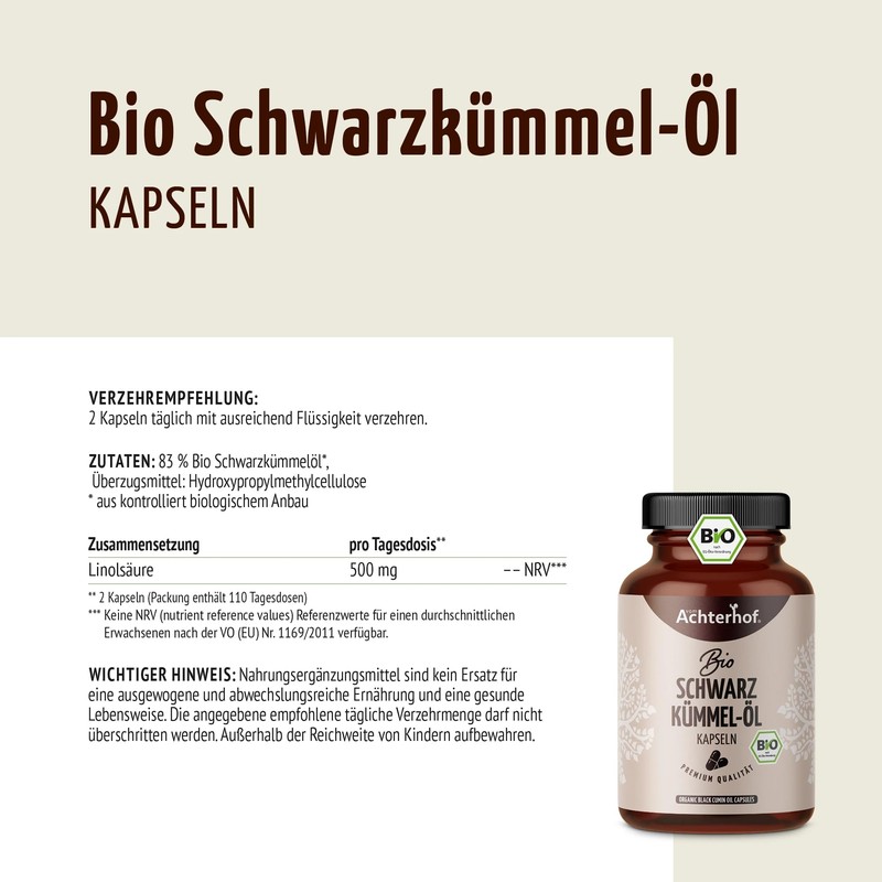 Achterhof Organic Black Cumin Oil Capsules, Pack of 220, 1000