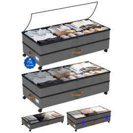 Under Bed Storage with Wheels 2-Pack, 75L XXL Under the Bed Storage Containers Large, 12" Tall Adjustable Storage for Underbed with Lids, Rolling for Clothes, Shoes, Blankets (Grey)