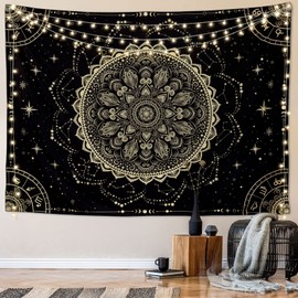 FLY SPRAY Black Golden Mandala Tapestry Astrology Wall Hanging Wall Tapestry Aesthetic Hippie Wall Decor Bohemian Wall Art Boho Home Decoration for Bedroom,Living Room,Dorm