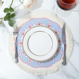 fanquare Set of 6 Boho Placemats, Round Cotton Woven prints Place Mats with Decorative Edge, Washable Heat Resistant Table Mats for Kitchen Dining Wedding Christmas