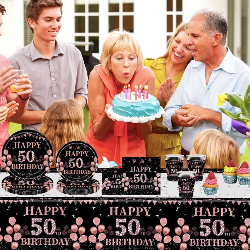 16Pack Paper Plates 50th Birthday,Black Rose and Gold Paperplates 7