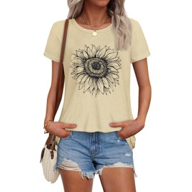 T Shirts for Women Summer Short Sleeve Crewneck Casual Cute Graphic Basic Tees Tops, Sunflower Print Yellow, M