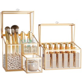 Juego de Organizador de Maquillaje de Vidrio – Organizador de Tocador con Organizador de Lápiz Labial de 18 Ranuras y Soporte para Brochas de Maquillaje con Tapa – Almacenamiento para