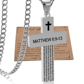 Cross Necklace for Men with Bible Verse, Christian Religious Scripture Lords Prayer Baptism First Communion Silver Cross Chain Pendant for Boys Jewelry,Fathers Day Dad 2024 Graduation Gifts for Him