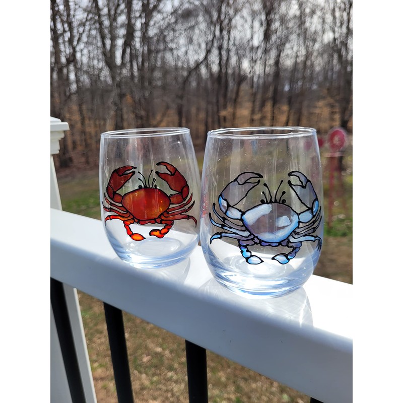 Blue and Red Crab Hand Painted Stemless Wine Glasses Set