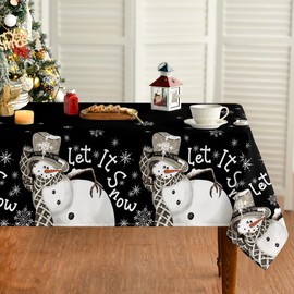 Horaldaily Christmas Tablecloth 60×140 Inch Rectangular, Snowman and Snow Black Washable Table Cover for Party Picnic Dinner Decor