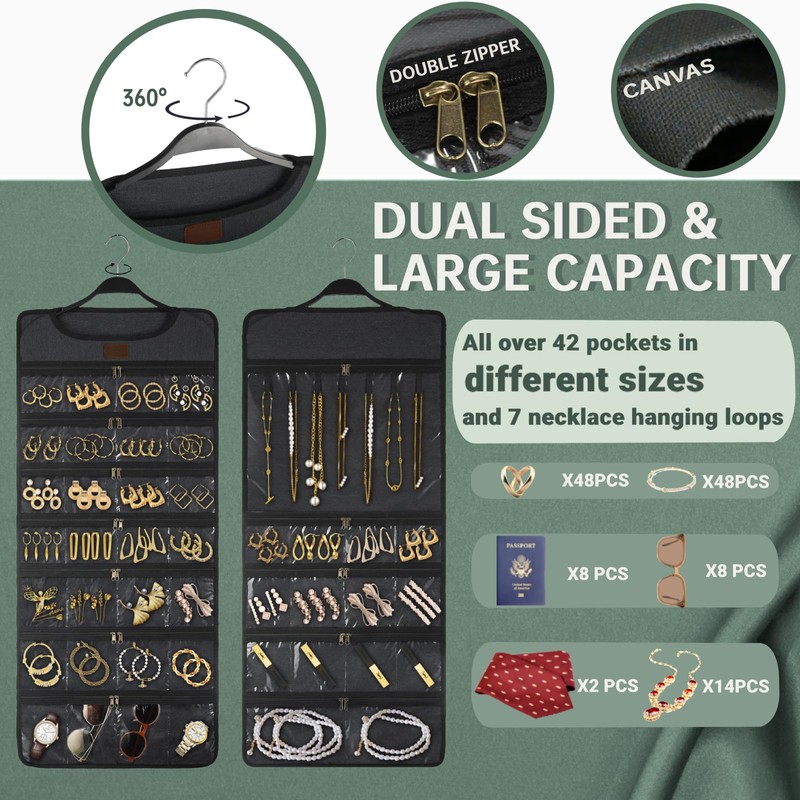 SMRITI Hanging Jewelry Organizer with Dual Zippered Pockets Canvas Double