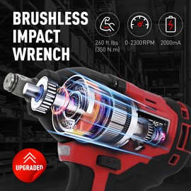 Manusage 20V Cordless Impact Wrench 1/2 inch, Powerful Brushless Motor, Max Torque 260 ft-lbs, 2 Ah with 4-pcs Driver Impact Socket Set, 1Pcs SDS Screw Bits Socket and Tool Bag (QSPT566012A)