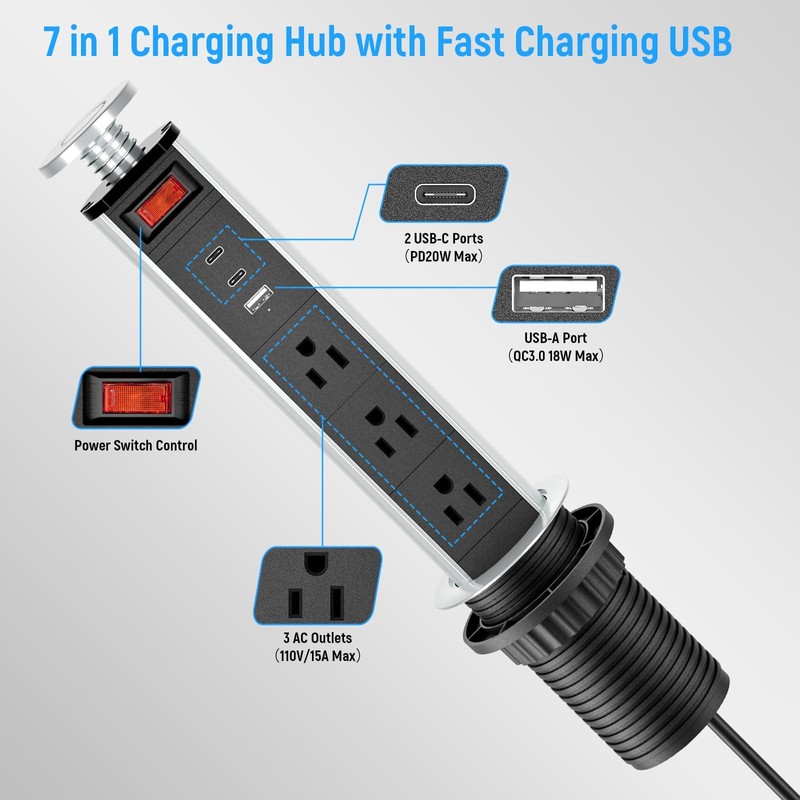XBA 2-1/2" Pull Up Outlet for Countertop, USB-C PD 20W