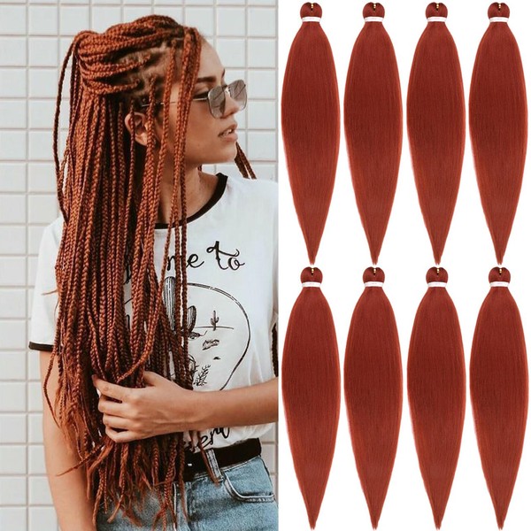 Unionbeauty 8 Packs 30 Inch Cooper Red Pre Stretched Braiding Hair Dark Ginger Long Braid Synthetic Crochet Hair for Boho Box Braids Hot Water Setting Yaki Texture Braid Hair Extension for Women(350#)