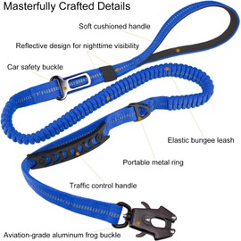 AinuScinsYoe Heavy Duty Dog Leash - Tactical High Bungee Reflective Leash for Medium and Large Dogs, 4-6 Ft, with Frog Clip, 2 Handles, and Seatbelt Clip, Blue