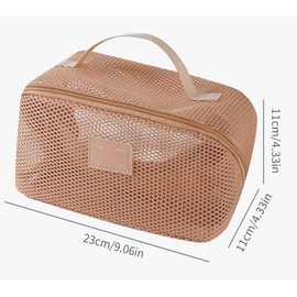 Neceser de Viaje para Cosméticos, Bolsa Portátil de Maquillaje con Malla Semitransparente, Impermeable con Compartimentos, Beige, 23x11x11cm