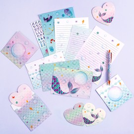 Mermaid Writing Paper Set - 71 Pieces Writing Paper Set for Children Girls Christmas Birthday Gifts Letter Paper Envelopes Greeting Cards Stickers Ballpoint Pen Gift Box