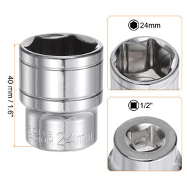 sourcing map 6-Point Socket 1/2" Drive 24mm Metric 1.6" Length 45# Steel Shallow Sockets Full Polishing Short Chrome Sockets for Car Repair Mechanical Maintenance Home Use