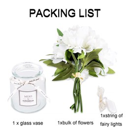 White Fake Flowers with Vase: Blosmon Small Coffee Table Decor Bathroom Peony Faux Flowers in Vase Office Desk Shelf Home Living Room Bedroom Vanity nightstand Decorations Floral Arrangement