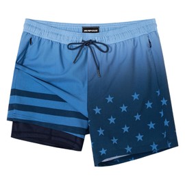 SURF CUZ Mens Swim Trunks with Compression Liner Mens Swimming Trunks 5 Inch Bathing Suit with Zipper Pockets Quick Dry Swim Shorts American Flag Blue Medium