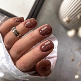 KQueenest Brown Glitter Press on Nails Short Square Nails Glue On,Iridescent Shimmer Acrylic Fake Nails with UV Finish,Sparkling Gel Nails Press ons Stick on Nails Short False Nails with Design 24 PCS