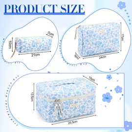 Zeyune 3 Bolsas de Maquillaje Acolchadas de Algodón Bolsa de Maquillaje de Coqueta Grande Bolsa de Maquillaje Floral Estética de Viaje Bolsa de Cosméticos de Aseo con Cremallera (Flor Azul)