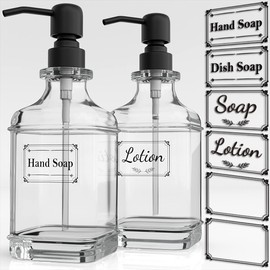 GLADPURE 2 Pack Soap Dispenser, 18 Oz Antique Design Thick Glass Hand Dispensers; with 304 Rust Proof Stainless Steel Pump, 6Pcs Clear Stickers, for Kitchen, Bathroom- Black