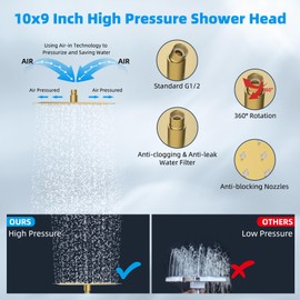 Hibbent All Metal Rain Shower Head, 10'' High Pressure Rainfall Square Showerhead with 16" Shower Extension Arm, Solid Brass Adjustable Shower Arm Extender, Waterfall fixed Showerheads, Brushed Gold