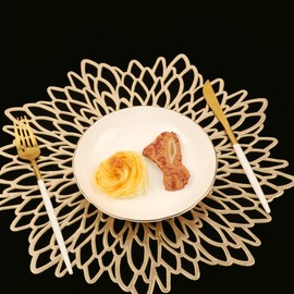 Famibay Gold Placemats Set of 6 Washable Round Vinyl Table Mats for Kitchen Christmas Table Decor