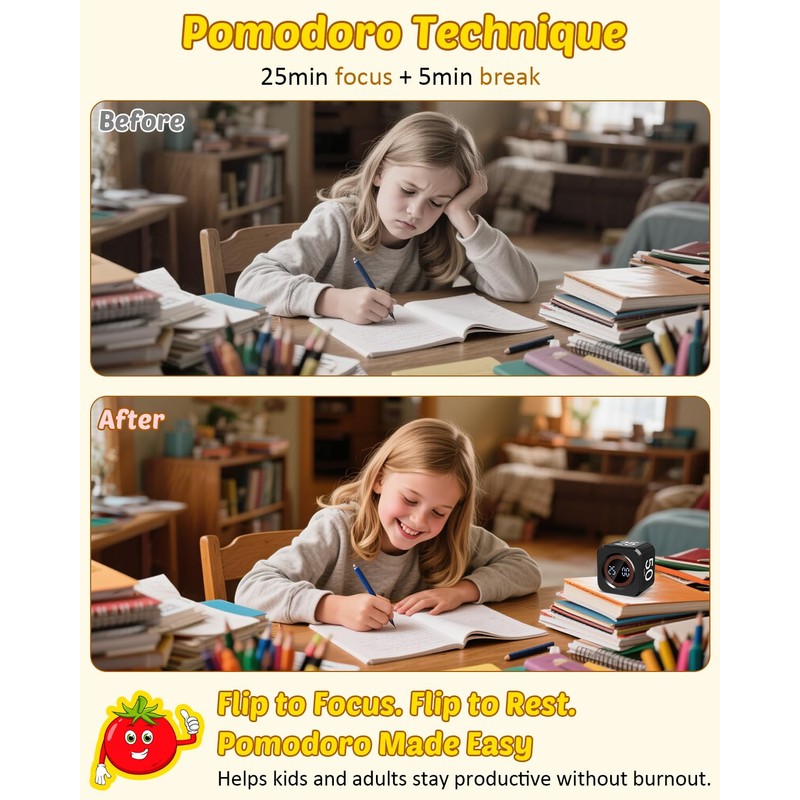Pomodoro Timer Cube Visual Productivity Flip Timer for Kids Classroom