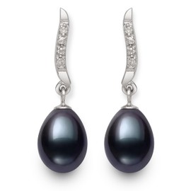 Sterling Silver Black Cultured Freshwater Pearl with Lab-Created Sapphire Dangle Earrings for Women