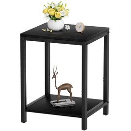 SAYGOER Black End Tables 13.3''D Small Side Table with Storage Wood Night Stand Metal Frames 2 Tier Bedside Table with Adjustable Feet, 1PCS, All Black