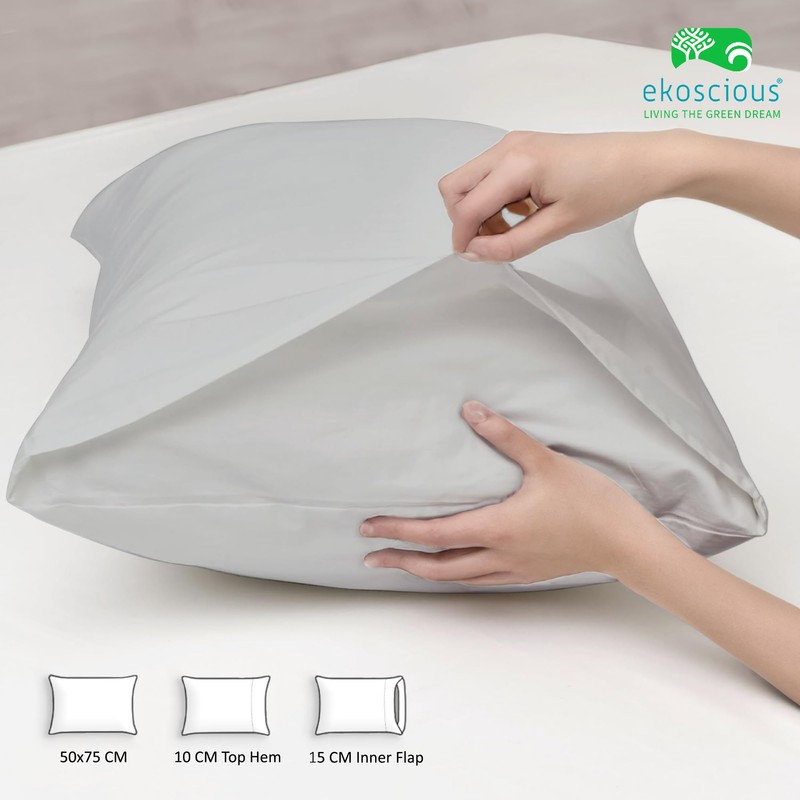 EKOSCIOUS 100% Tencel Pillow Cases, 2 Pack, Grey 50x75cm, 300