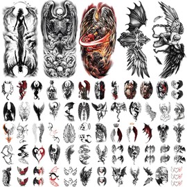 77 Sheets Temporary Tattoo for Women Men, 17 Sheets Half Arm Large Black Angel Devil Fake Tattoos, 60 Sheets Skull Heart Wings Tiny for Adult Kids Cosplay Party Body Tattoos Stickers Realistic
