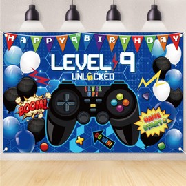 180x120 cm 9th Video Game Backdrop, 9th Birthday Decorations for Boy Level Up 9th Video Game Birthday Decorations Gaming Background Photo Props Blue Birthday Party Supplies for Boys Birthday