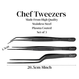 Professional Chef Plating Tweezers, 16cm/6.3-Inches Set of 3 (Straight, Curved and Offset), Precision Culinary Tongs, Hand Made from High-Grade Stainless Steel Plasma Coated | 16cm Black