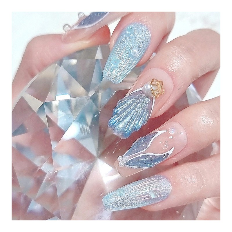 Whale Tail Blue Handmade Nail Tips - Stiletto / 웨일테일