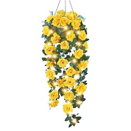 Collections Etc Solar LED Lighted Artificial Floral Rose Hanging Basket