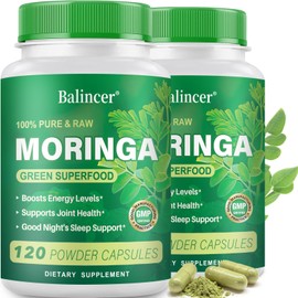 Moringa Powder Capsules, Pure Moringa Leaf Natural Green Antioxidant Superfood, High Potency Nutrient for Energy, Skin Health, Gut Health Supports, 240 Vegan Capsules