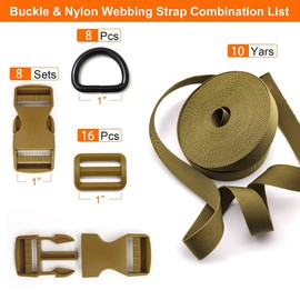 aYrap Quick Release Buckle 1 Inch: 8 1 Inch D Ring, Nylon Strap Buckles Adjustable 8 Pack, Webbing Straps 10 Yards, Tri-GlideSlide Clip 16 Pcs (Khaki, Buckles Strap 1 Inch)