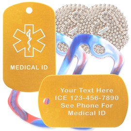 Custom 2 Pack - Medical Id Medical Alert ID Necklaces with Gold Custom Tags, Red/White/Blue Silencers, and 30'' USA Chains